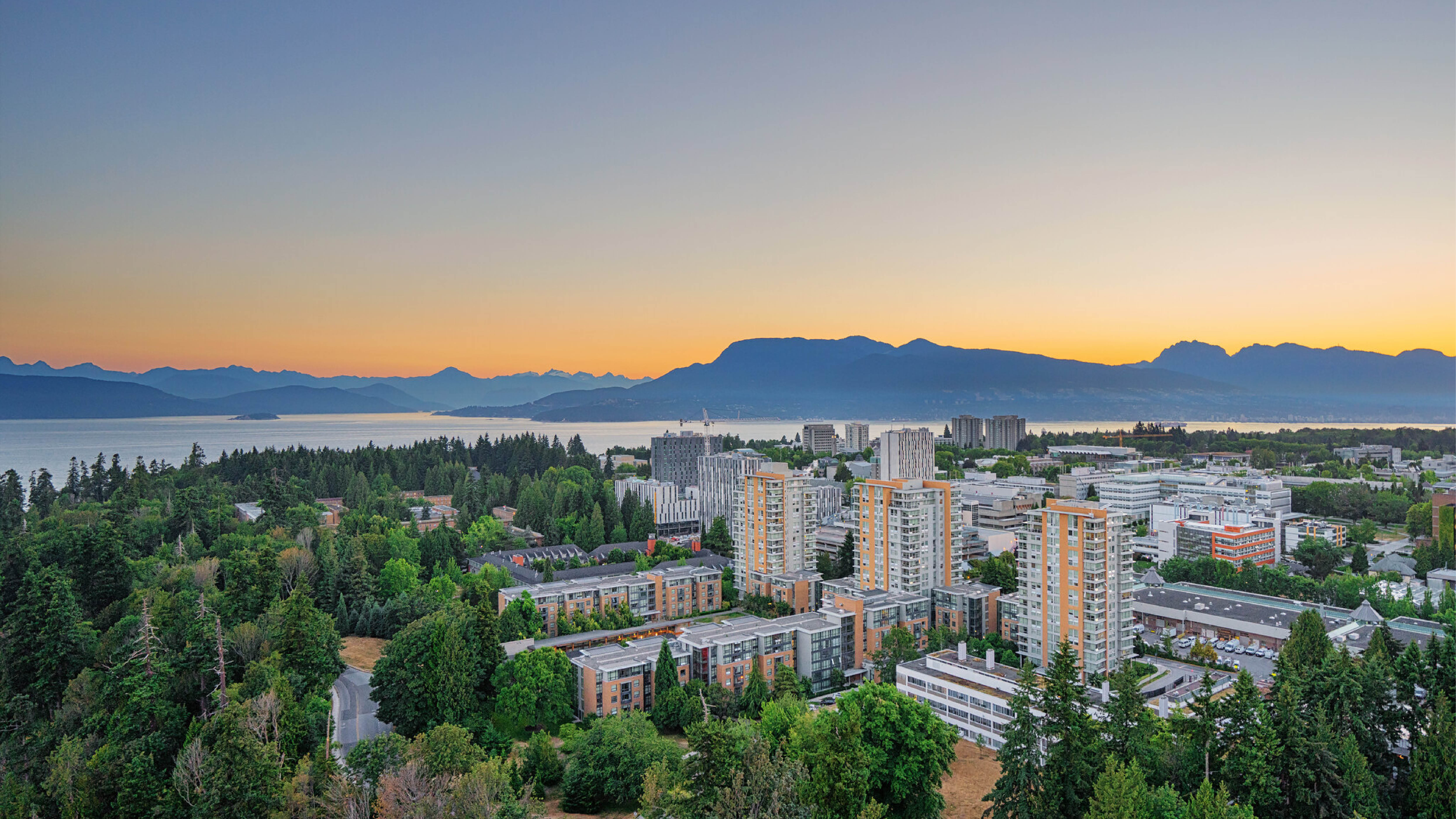 Drone image of Allard Law Sschool building at UBC with Pacific Ocean View